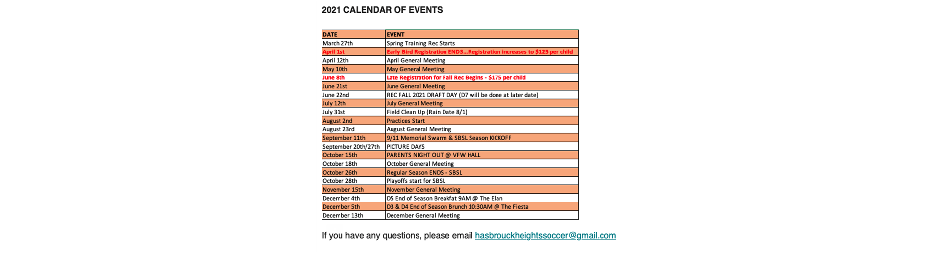 HHSA CALENDAR OF EVENTS